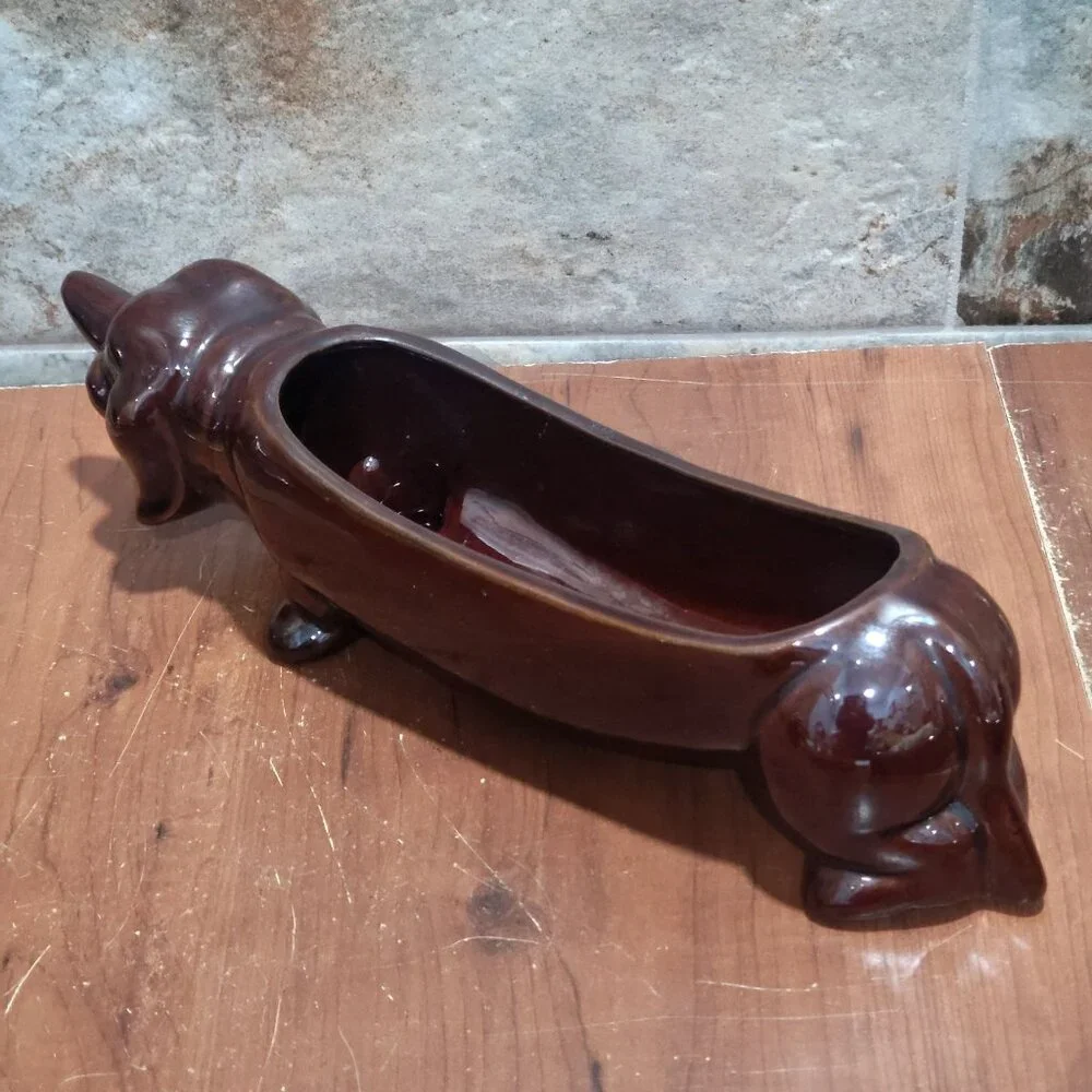 Vintage Dachshund Dog Ceramic Cracker Tray Planter Brown Glazed